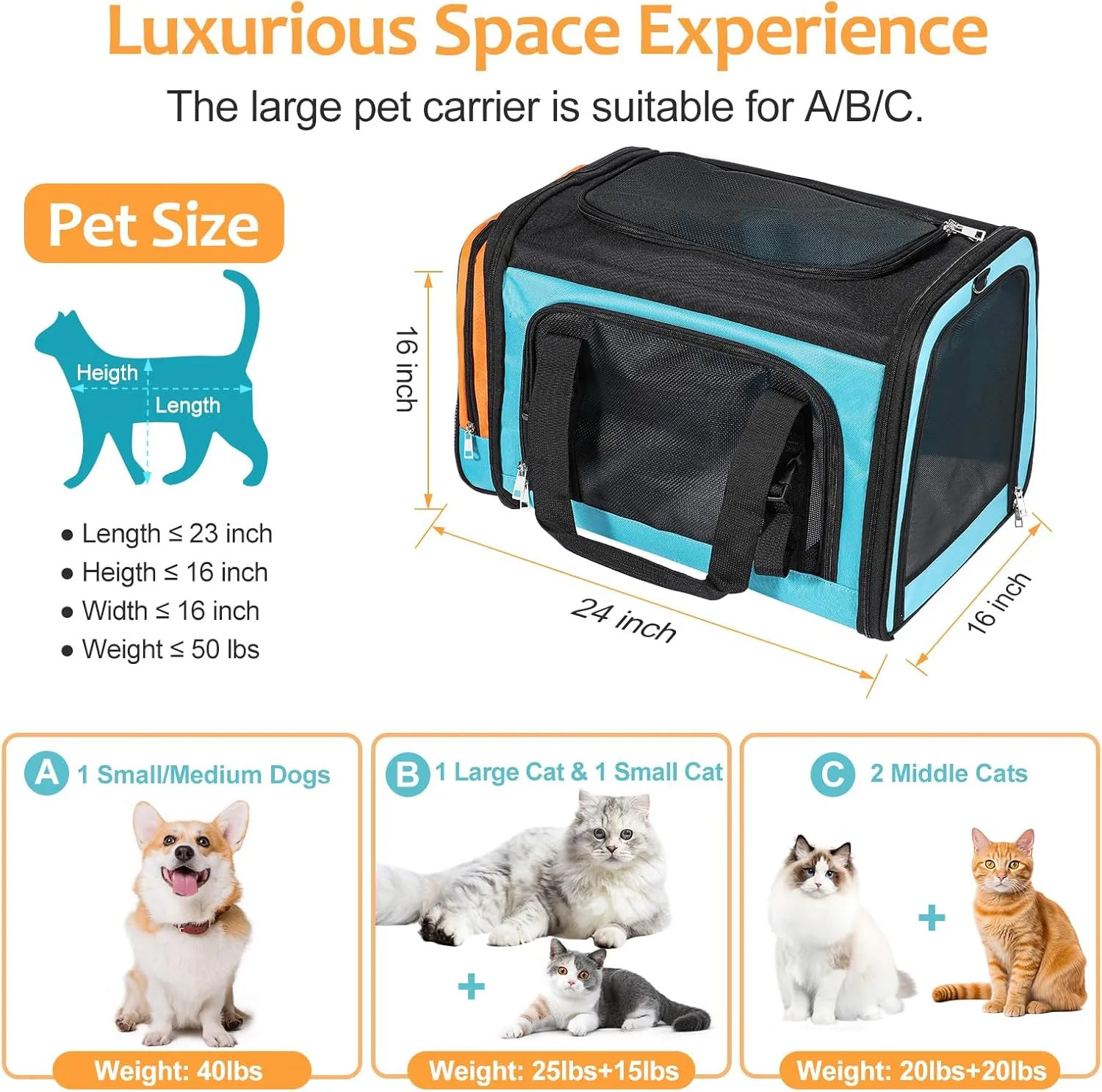Extra Large Cat Carrier for 2 Cats, Pet Carrier, Dog Carrier for Small Dogs, Cat Carrier Soft, Collapsible Large Pet Carrier for Traveling Indoor and Outdoor Uses - Blue 24"x16"x16"