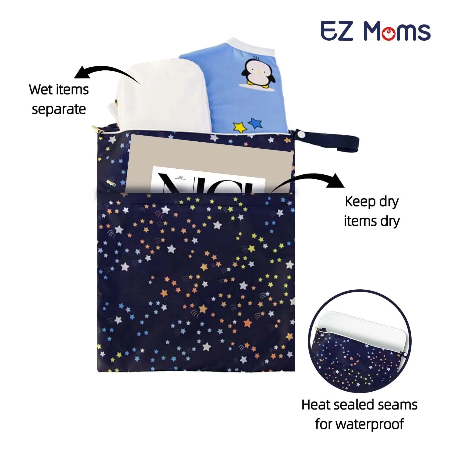 EZ Moms 3 Pcs Reusable Waterproof Wet Bag With Two Pockets For Diaper Pouch Wet Dry Bag For Breast Pump Parts Wet Bag For Swimsuit Waterproof Bags For Swimming Wet Swimsuit Bag Waterproof