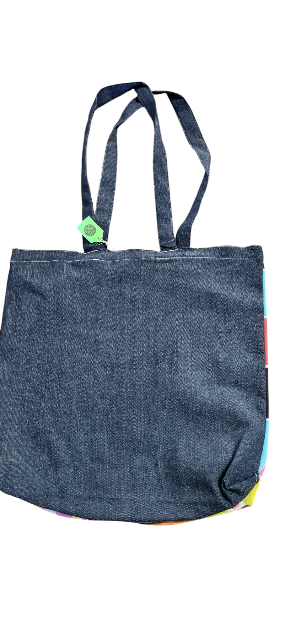 Faces on colourful squares tote bag 2.0 with denim back