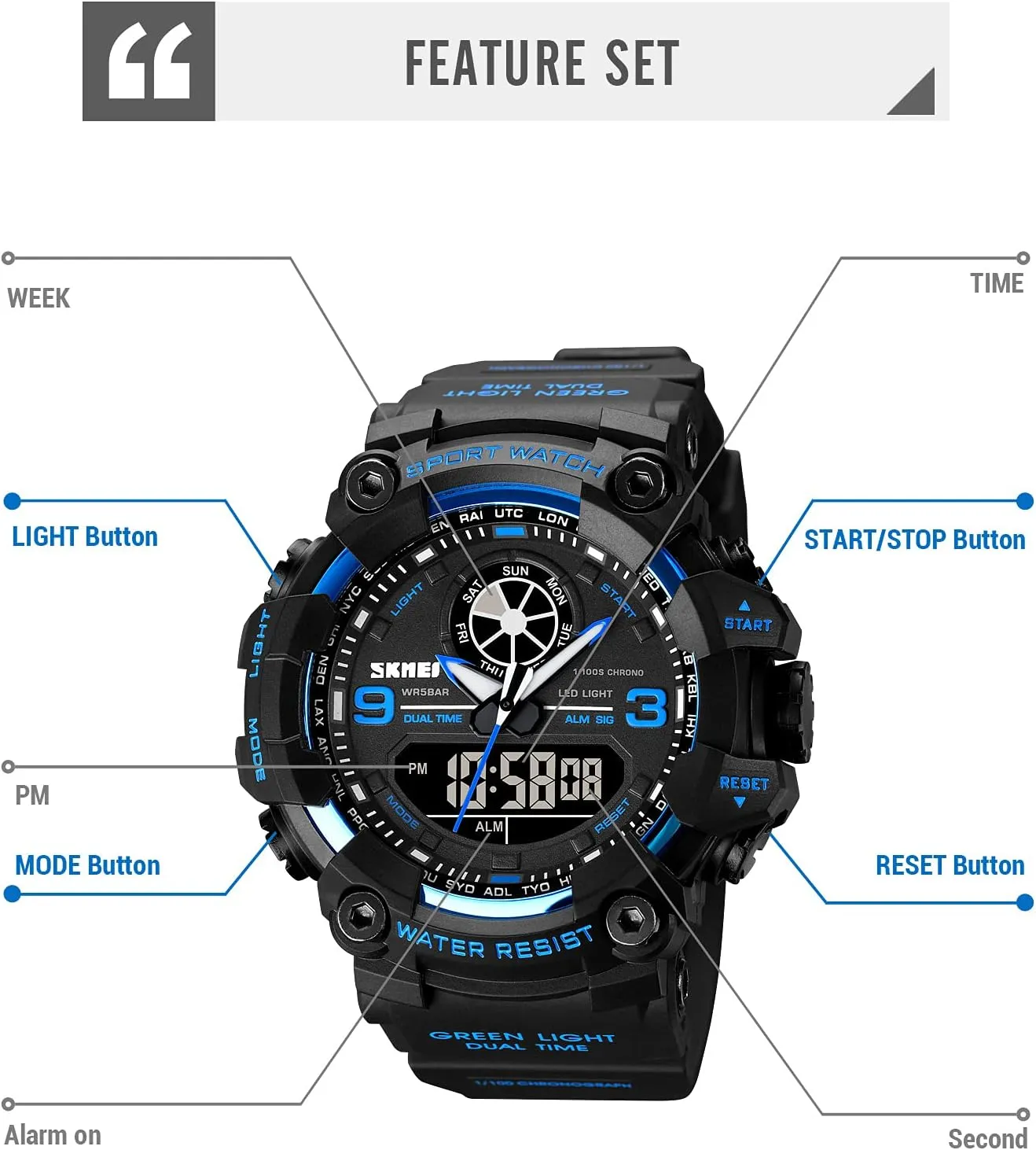 FANMIS Mens Analog Digital Dual Display Sports Watches Military Multifunctional 50M Waterproof LED Watch with Alarm Stopwatch Backlight 12H/24H Outdoor Running Swimming