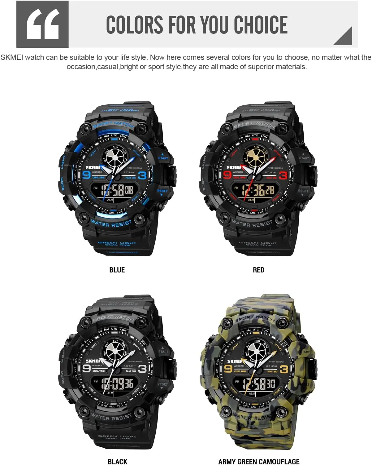 FANMIS Mens Analog Digital Dual Display Sports Watches Military Multifunctional 50M Waterproof LED Watch with Alarm Stopwatch Backlight 12H/24H Outdoor Running Swimming