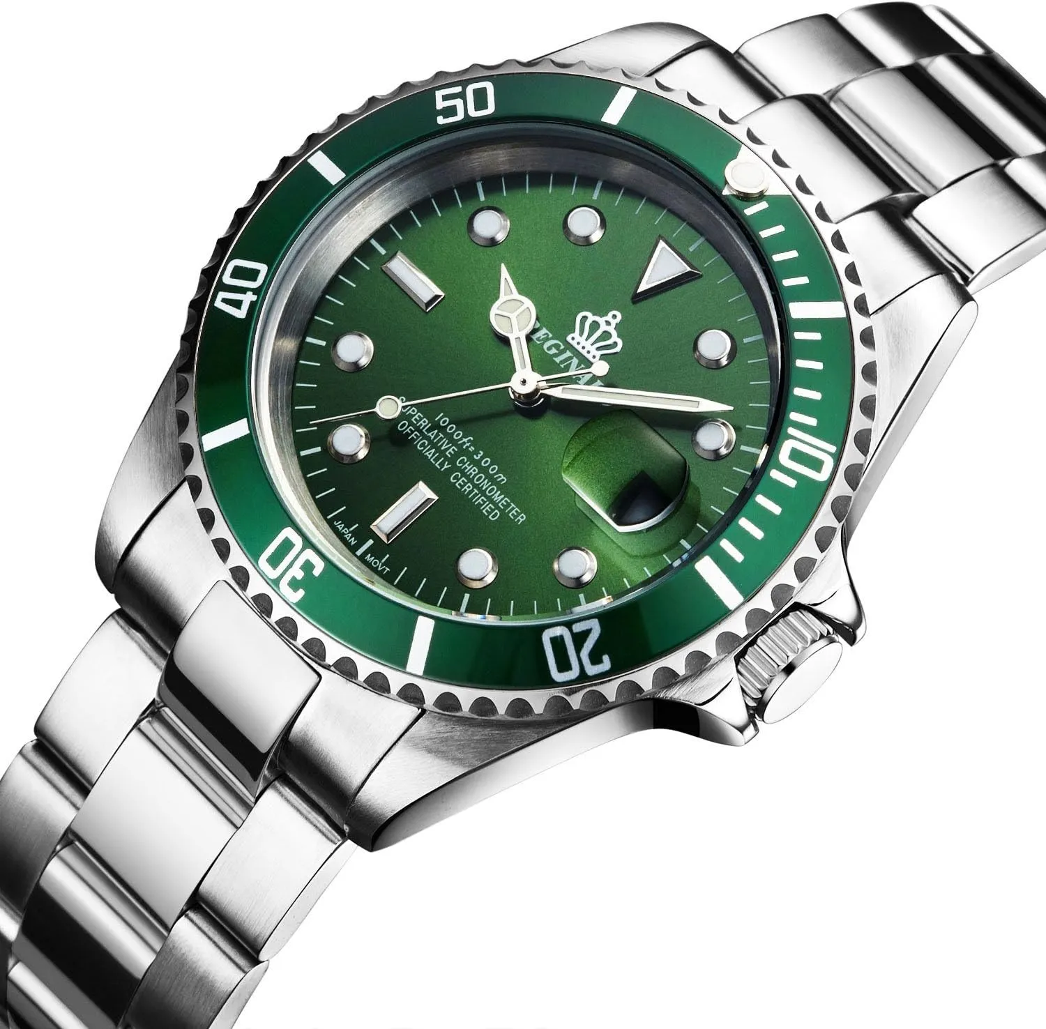 FANMIS Mens Luxury Watches Rotatable Bezel Sapphire Glass Luminous Hand Quartz Silver Tone Stainless Steel Watch