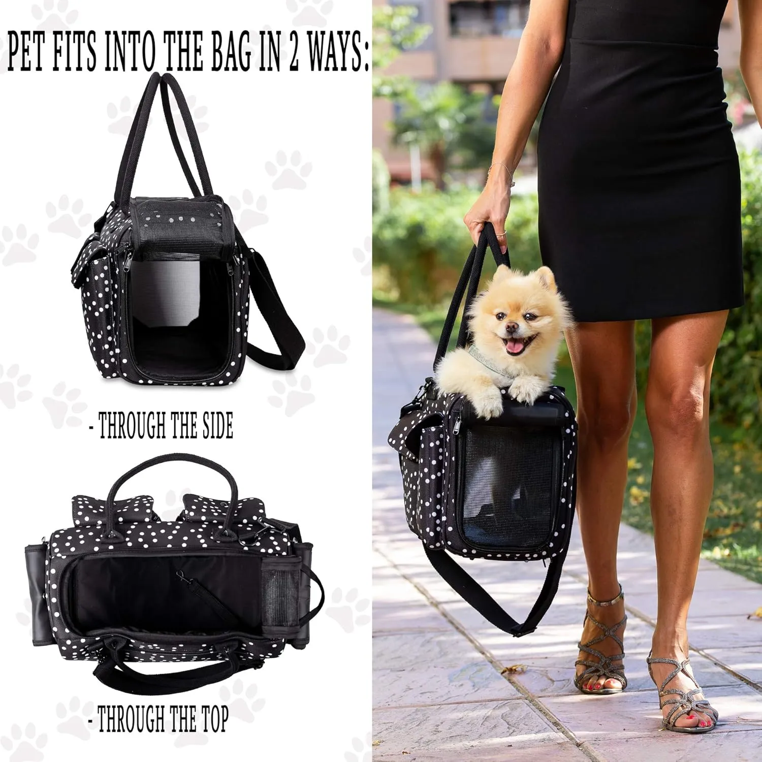 Fashion Dog Carrier Cat Carrier Rabbit Carrier- Soft Sided Pet Carrier Purse Bag - Breathable Mesh Airline Approved Pets Travel Tote Bag with Pockets (Black Polka dot)