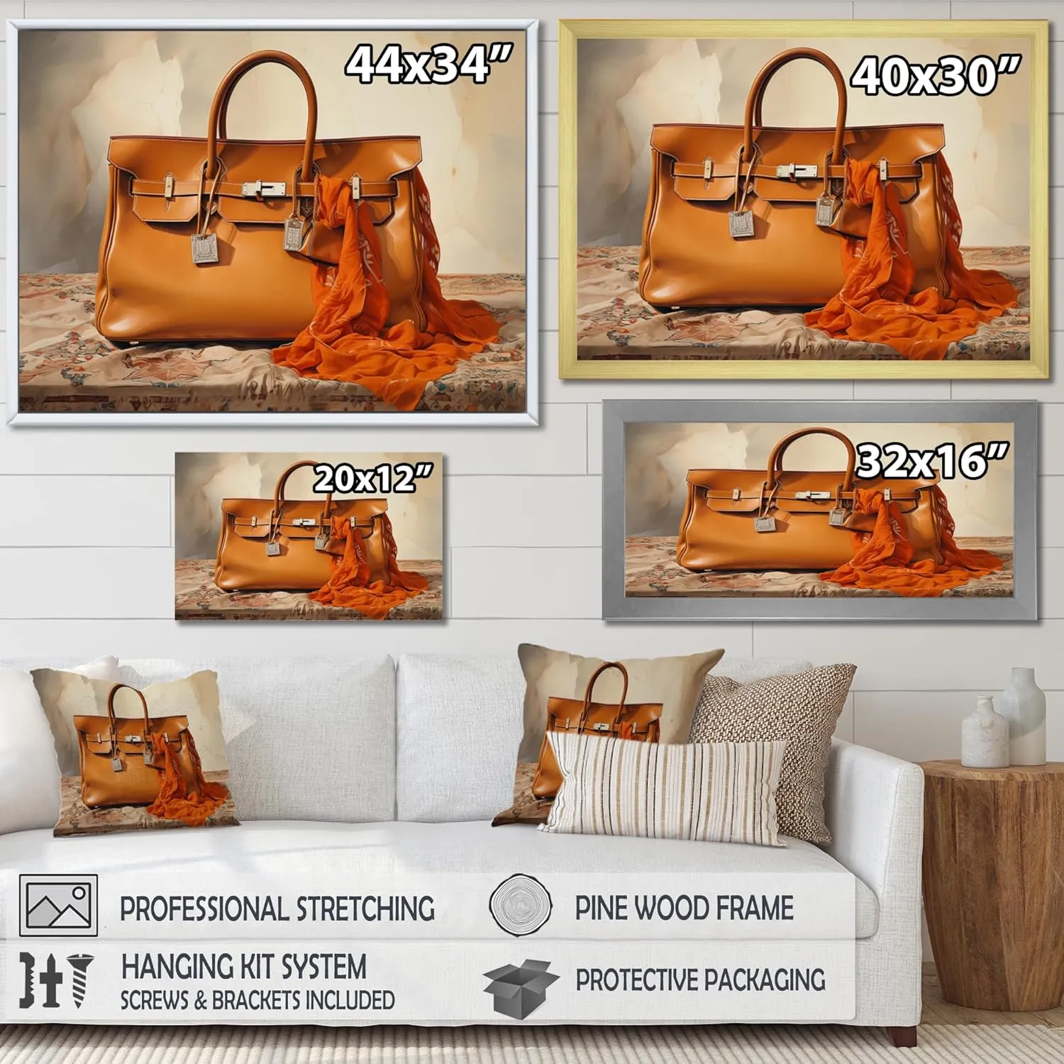 Fashion framed wall art decor, Fashion framed wall Art, Brown Handbag in Minimalism, Brown Large Glam black framed wall art, 32x16 inches black frame