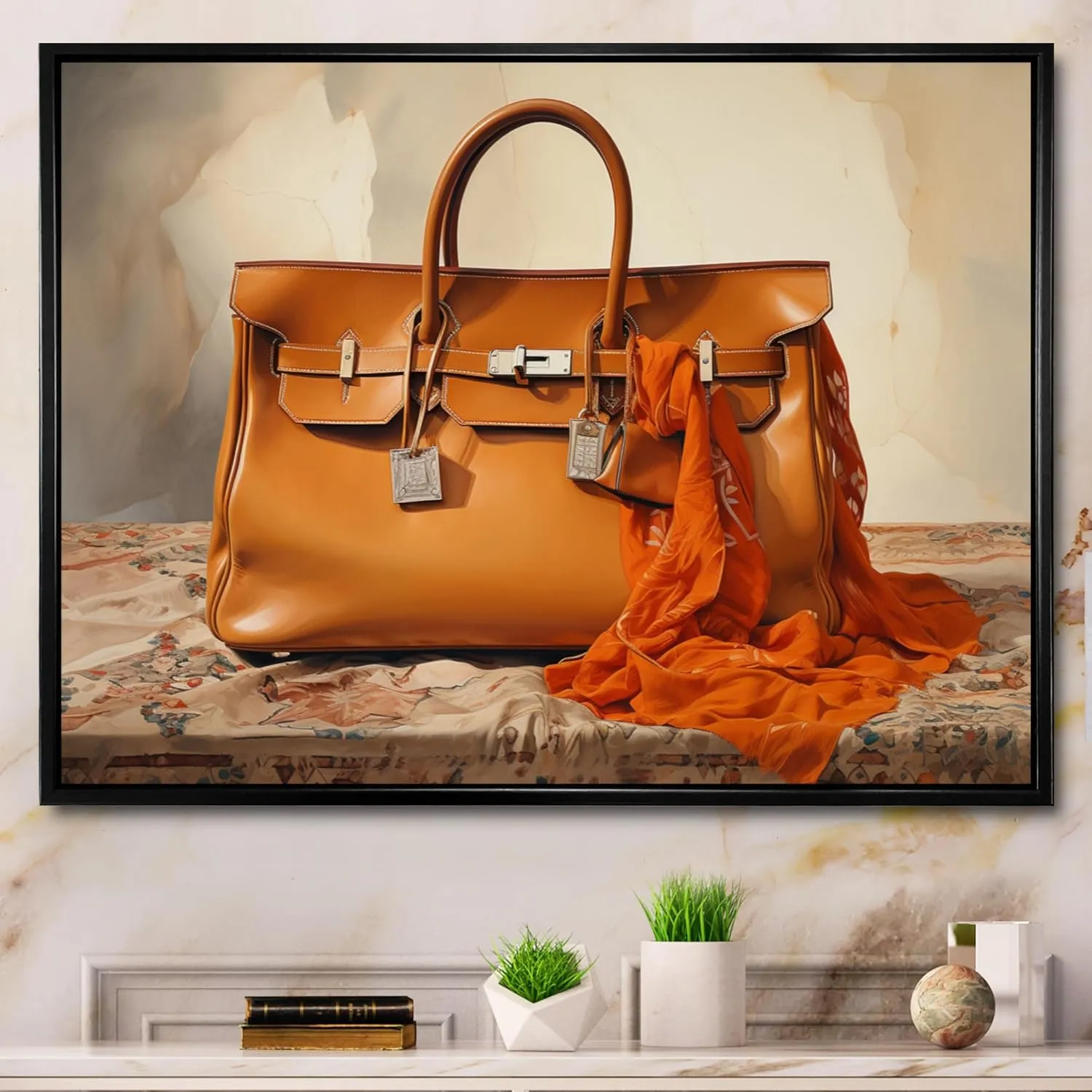 Fashion framed wall art decor, Fashion framed wall Art, Brown Handbag in Minimalism, Brown Large Glam black framed wall art, 32x16 inches black frame