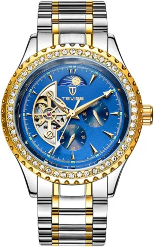 Fashion Stanless Steel Men Luxury Golden Mechanical Watch Diamond Bezel Hollow Tourbillon Fully Automatic Watches Moon Phase Multi-Functional Wristwatch