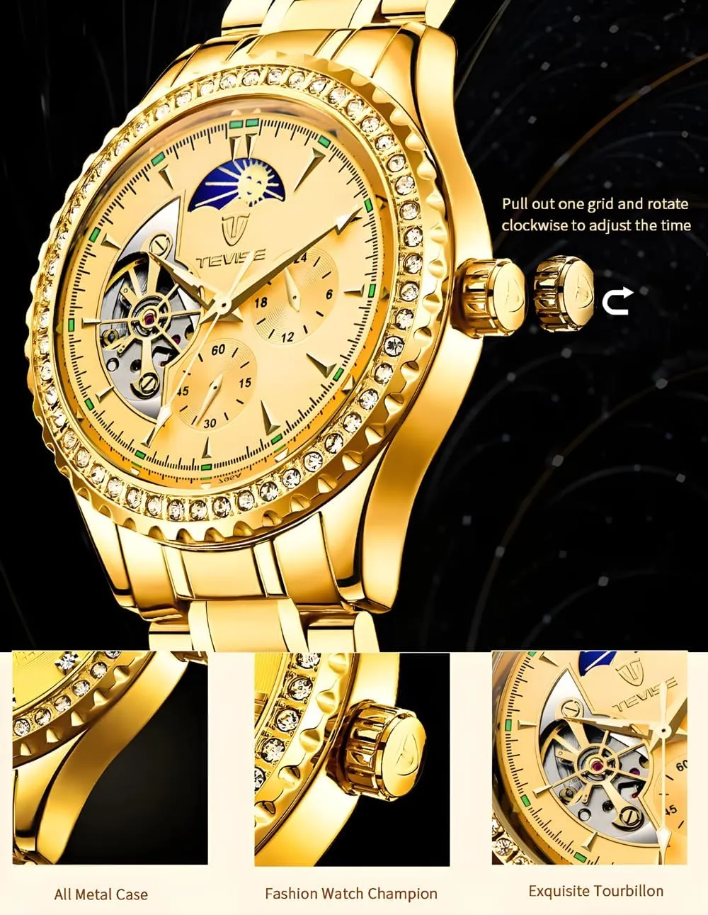 Fashion Stanless Steel Men Luxury Golden Mechanical Watch Diamond Bezel Hollow Tourbillon Fully Automatic Watches Moon Phase Multi-Functional Wristwatch