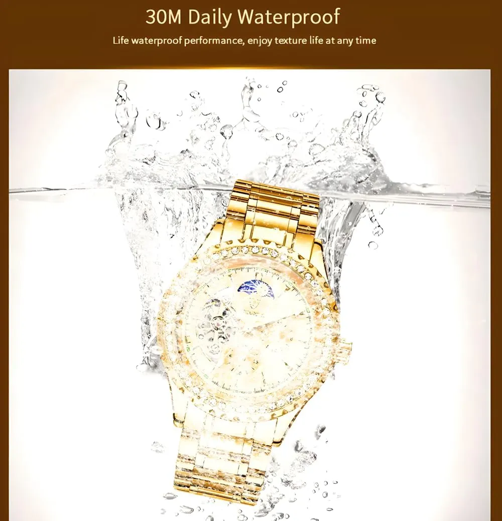 Fashion Stanless Steel Men Luxury Golden Mechanical Watch Diamond Bezel Hollow Tourbillon Fully Automatic Watches Moon Phase Multi-Functional Wristwatch
