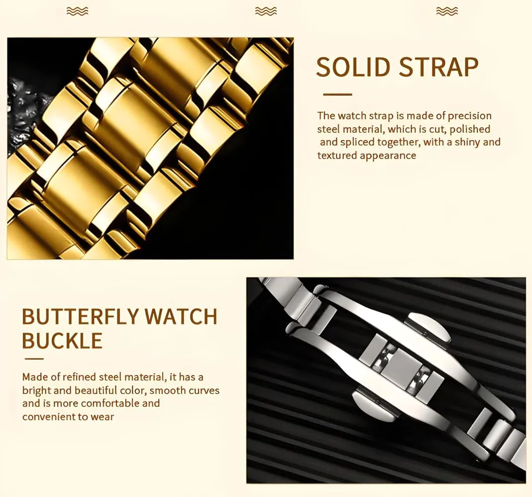 Fashion Stanless Steel Men Luxury Golden Mechanical Watch Diamond Bezel Hollow Tourbillon Fully Automatic Watches Moon Phase Multi-Functional Wristwatch