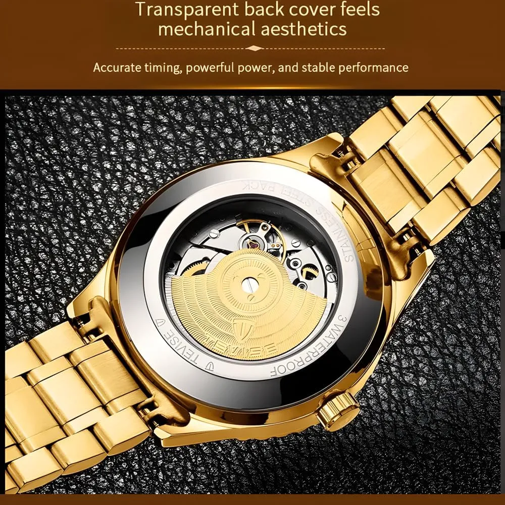 Fashion Stanless Steel Men Luxury Golden Mechanical Watch Diamond Bezel Hollow Tourbillon Fully Automatic Watches Moon Phase Multi-Functional Wristwatch