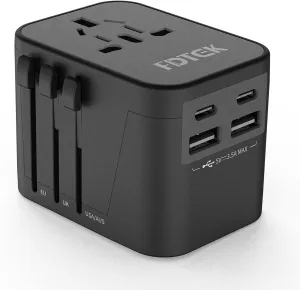 FDTEK Universal Travel Adapter, International Universal Adapter European Travel Plug Adapter with 4 USB Ports(2 USB C) All-in-one Worldwide Adapter for Europe UK AUS Asia Japan Covers 300 Countries