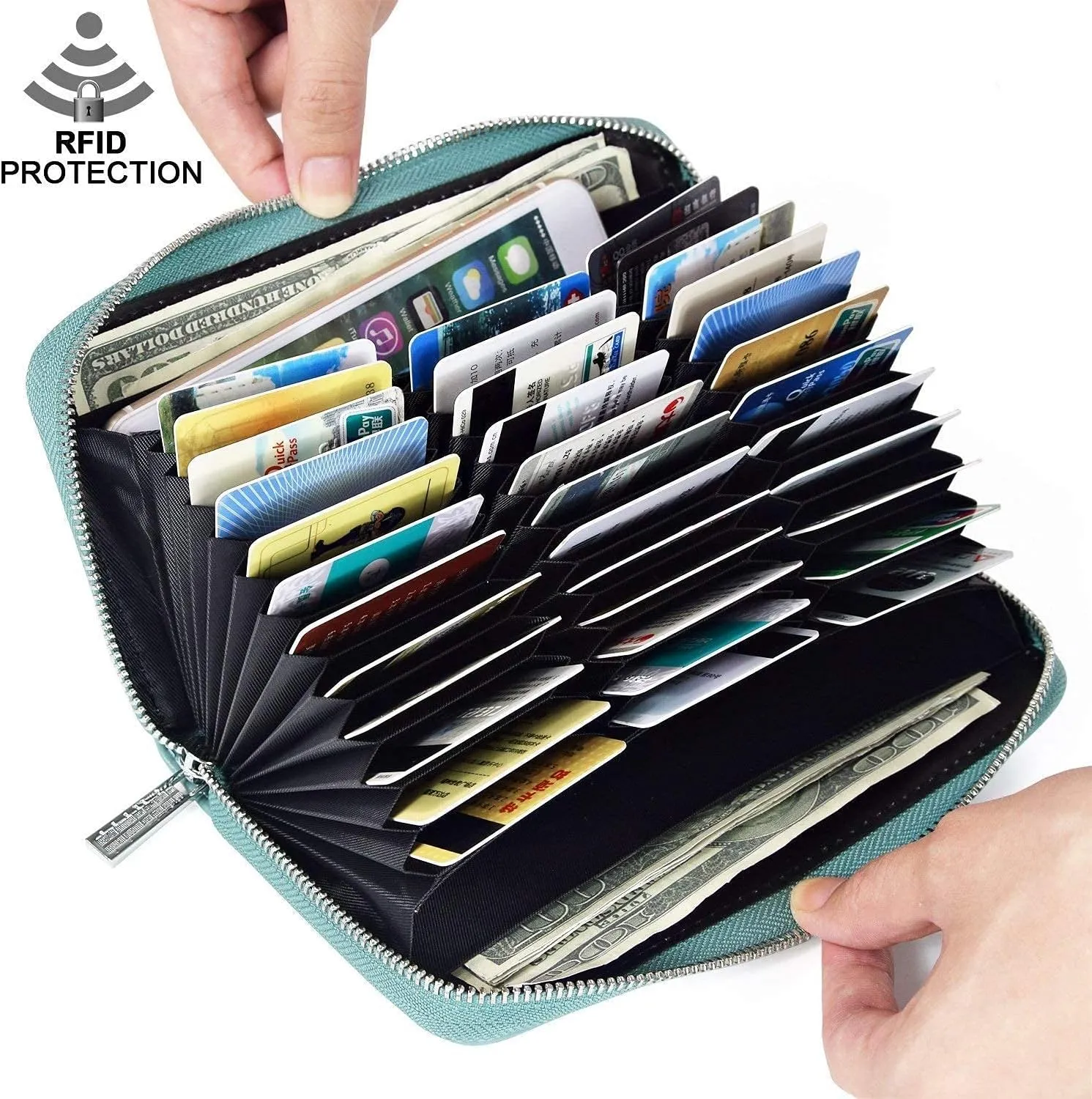 FEITH&FELLY Large Capacity Credit Card Wallets for Women Long Leather RFID Blocking Accordion Wallet Zip Organizer 36 Slots
