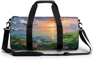 Feng Shui Lotuses Flower Blooming Gym Bag Cylindrical Sports Bag Travel Duffel Bag with Shoulder Strap