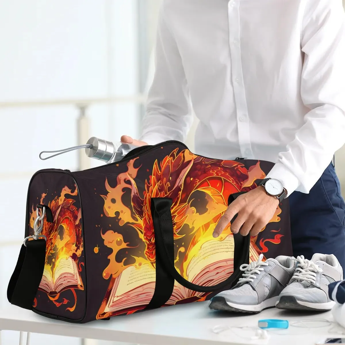 Fiery Dragons Travel Duffel Bag for Women Men Waterproof Foldable Overnight Weekender Bag Large Capacity Sports Gym Bag