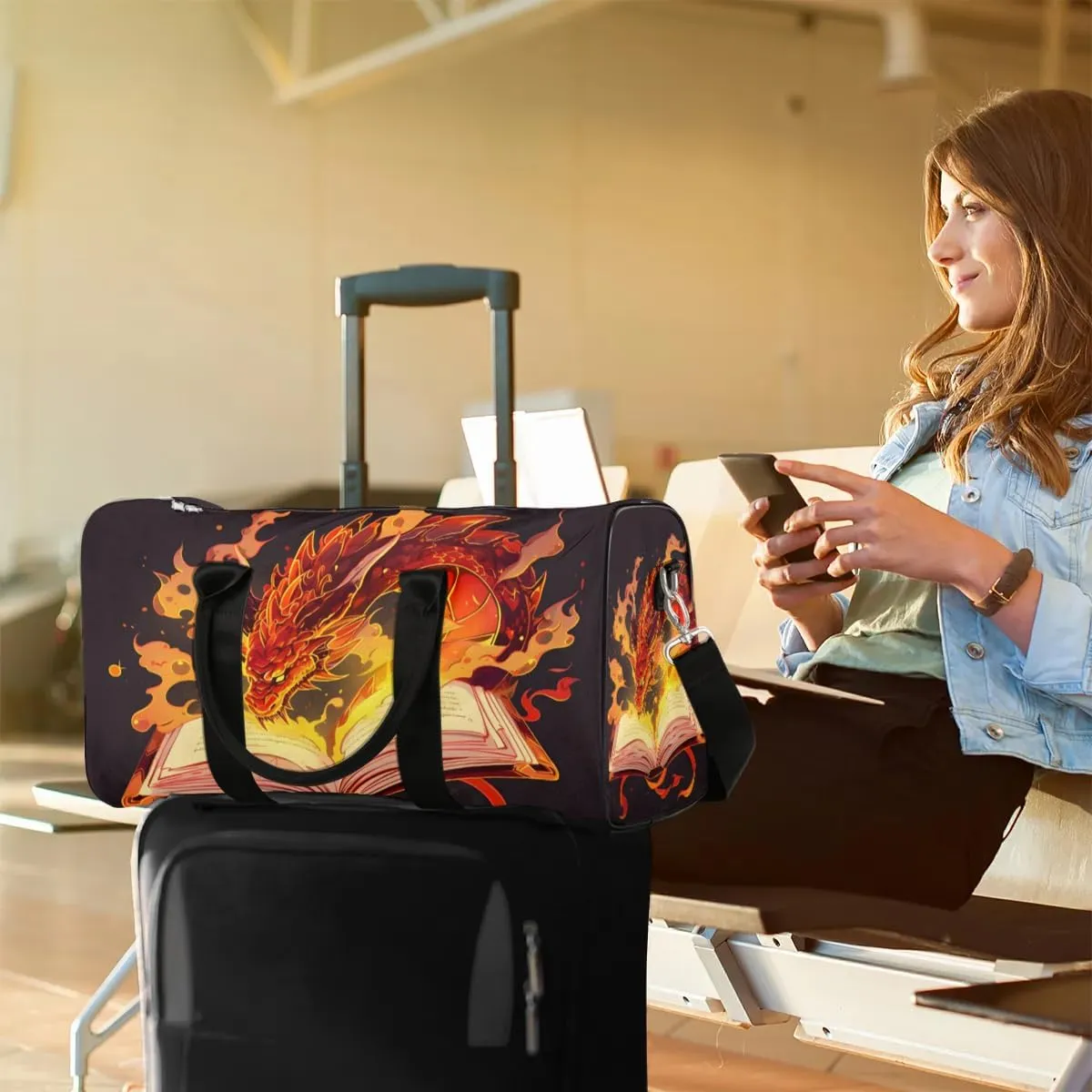 Fiery Dragons Travel Duffel Bag for Women Men Waterproof Foldable Overnight Weekender Bag Large Capacity Sports Gym Bag