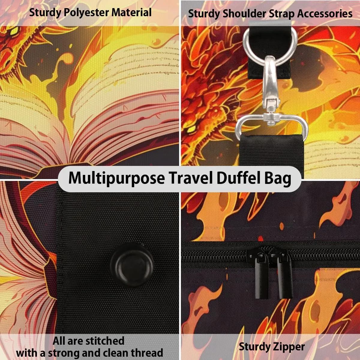 Fiery Dragons Travel Duffel Bag for Women Men Waterproof Foldable Overnight Weekender Bag Large Capacity Sports Gym Bag