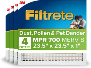 Filtrete 23.5x23.5x1 AC Furnace Air Filter, MPR 700, MERV 8, Tough on Pollen, Easy on Airflow, 3-Month Pleated 1-Inch Electrostatic Air Cleaning Filter, 4-Pack (Actual Size 23.19 x 23.19 x 0.81 in)
