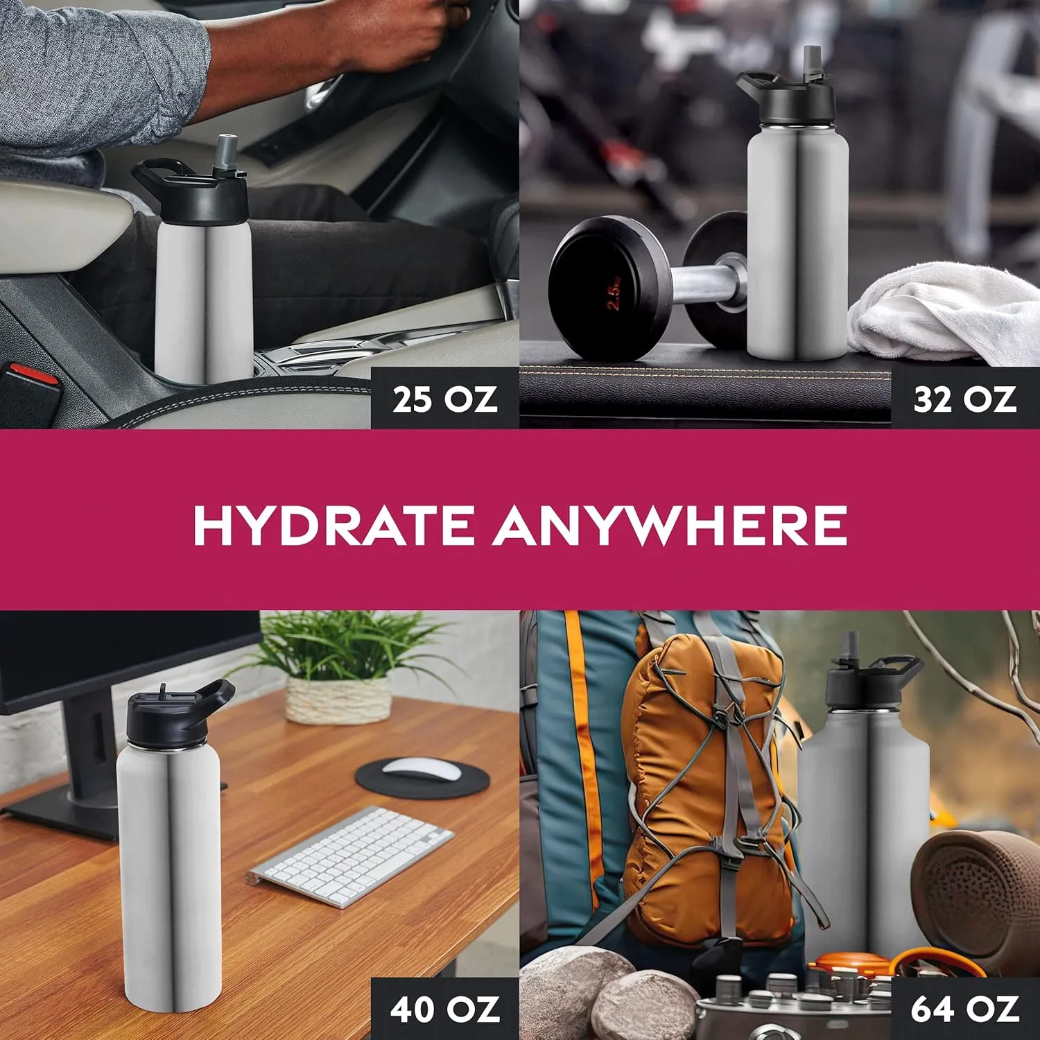 FineDine Triple Walled, Insulated Water Bottles with Straw - 25 Oz Stainless Steel Metal Bottle W/ 3 Leak Proof Lids - For Travel, School, Sports, Gym / Men, Women & Kids - Brushed Stainless Steel