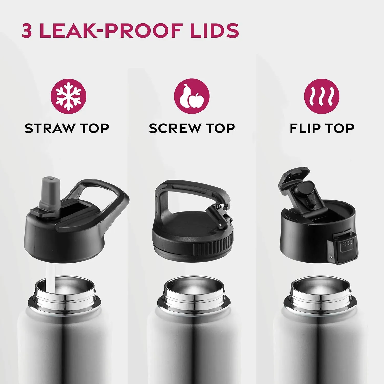 FineDine Triple Walled, Insulated Water Bottles with Straw - 25 Oz Stainless Steel Metal Bottle W/ 3 Leak Proof Lids - For Travel, School, Sports, Gym / Men, Women & Kids - Brushed Stainless Steel