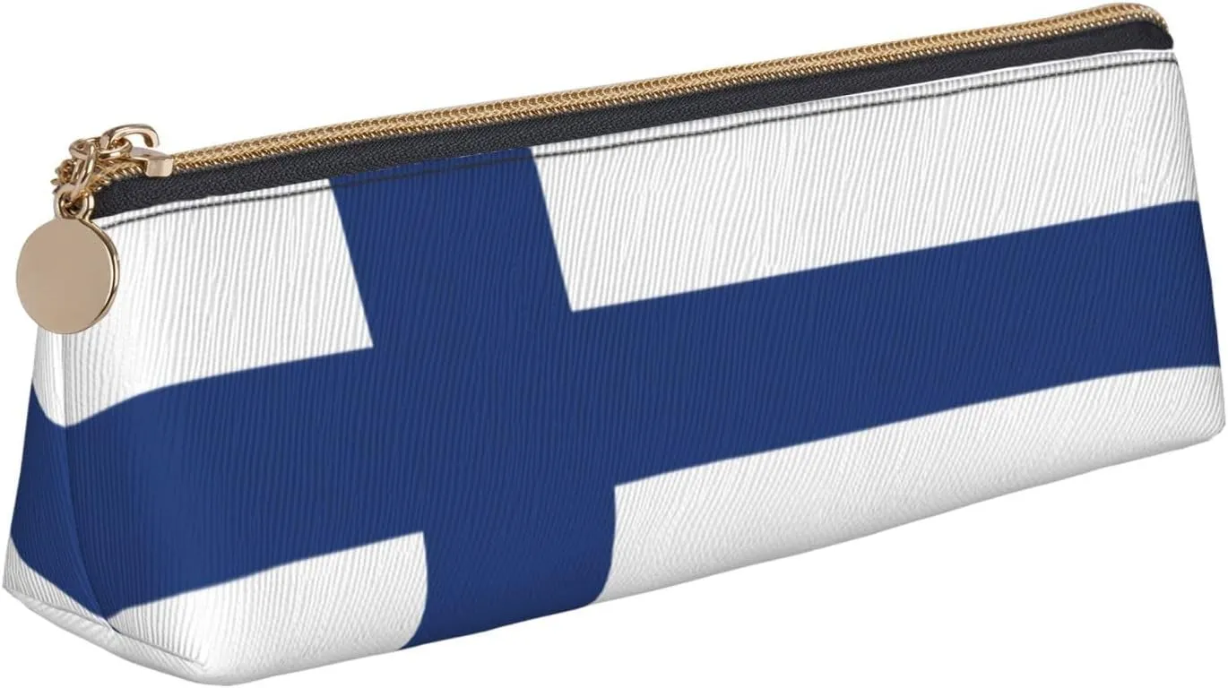 Finnish flag print Triangle Box Multi functional Makeup Bag, Office Travel and Daily Stationery Storage