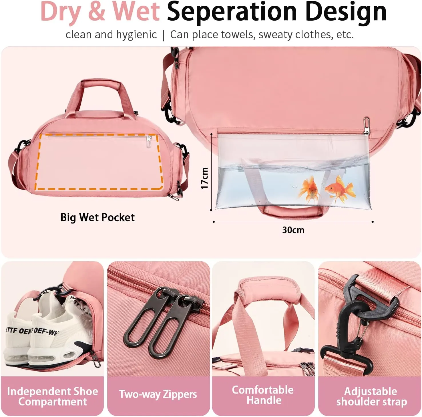 FIORETTO 30L Sports Gym Duffle Bag with Wet Pocket & Shoe Compartment, Weekender Hospital Overnight Bag for Women, Sports Holdall Backpack