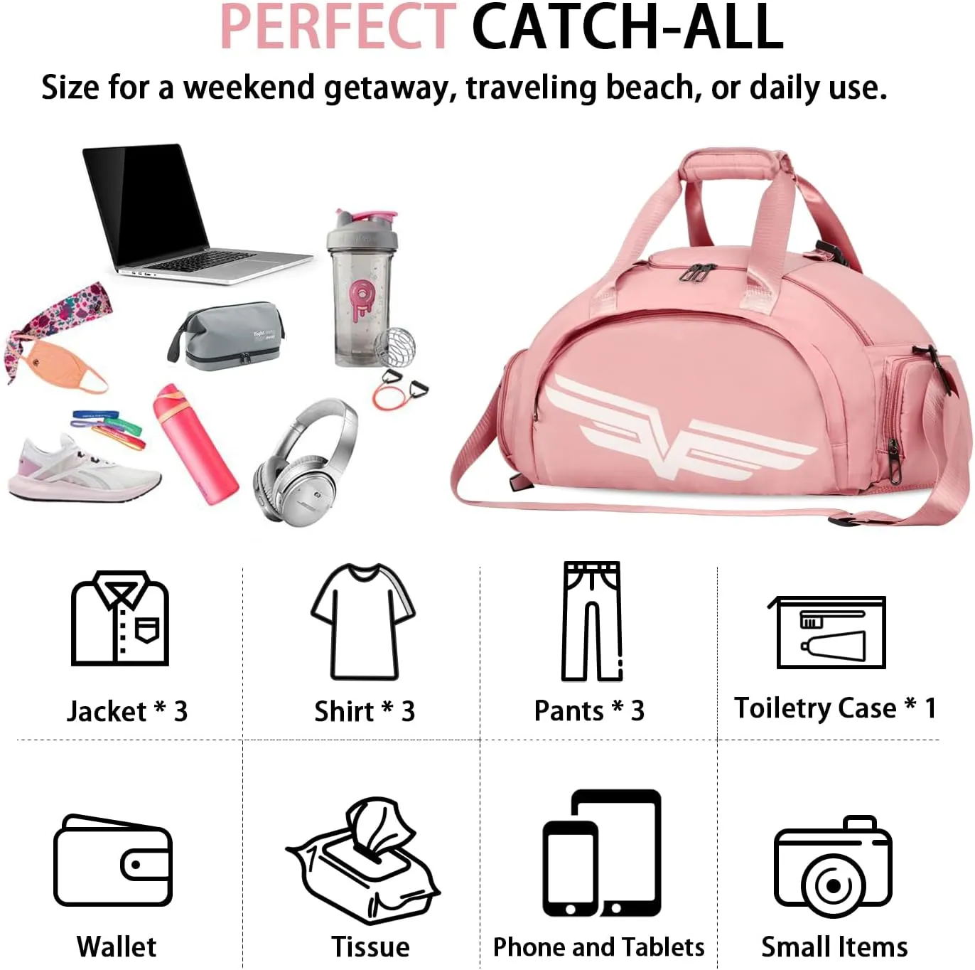 FIORETTO 30L Sports Gym Duffle Bag with Wet Pocket & Shoe Compartment, Weekender Hospital Overnight Bag for Women, Sports Holdall Backpack