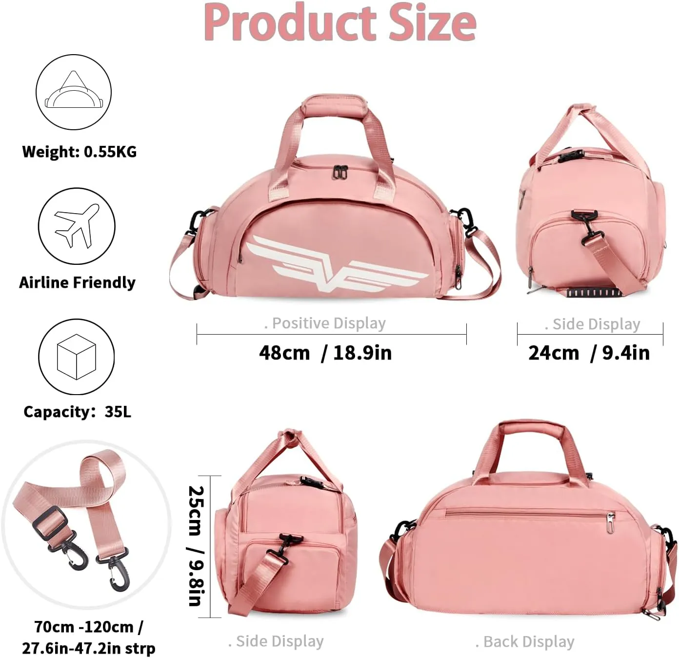 FIORETTO 30L Sports Gym Duffle Bag with Wet Pocket & Shoe Compartment, Weekender Hospital Overnight Bag for Women, Sports Holdall Backpack