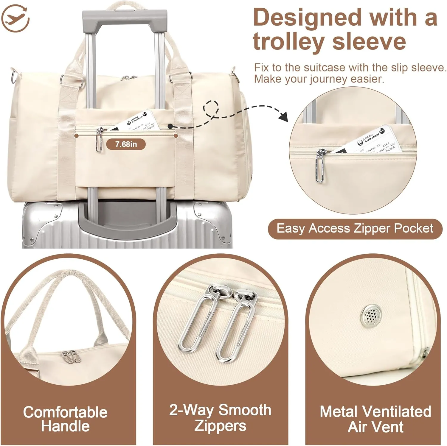 FIORETTO Womens Gym Tote Duffle Bag with Wet Pocket & Shoe Compartment, Sports Duffel Overnight Weekender Hospital Workout Carry on Bag for Girls, Ideal for Travel, Swimming, Dance, Ballet Beige