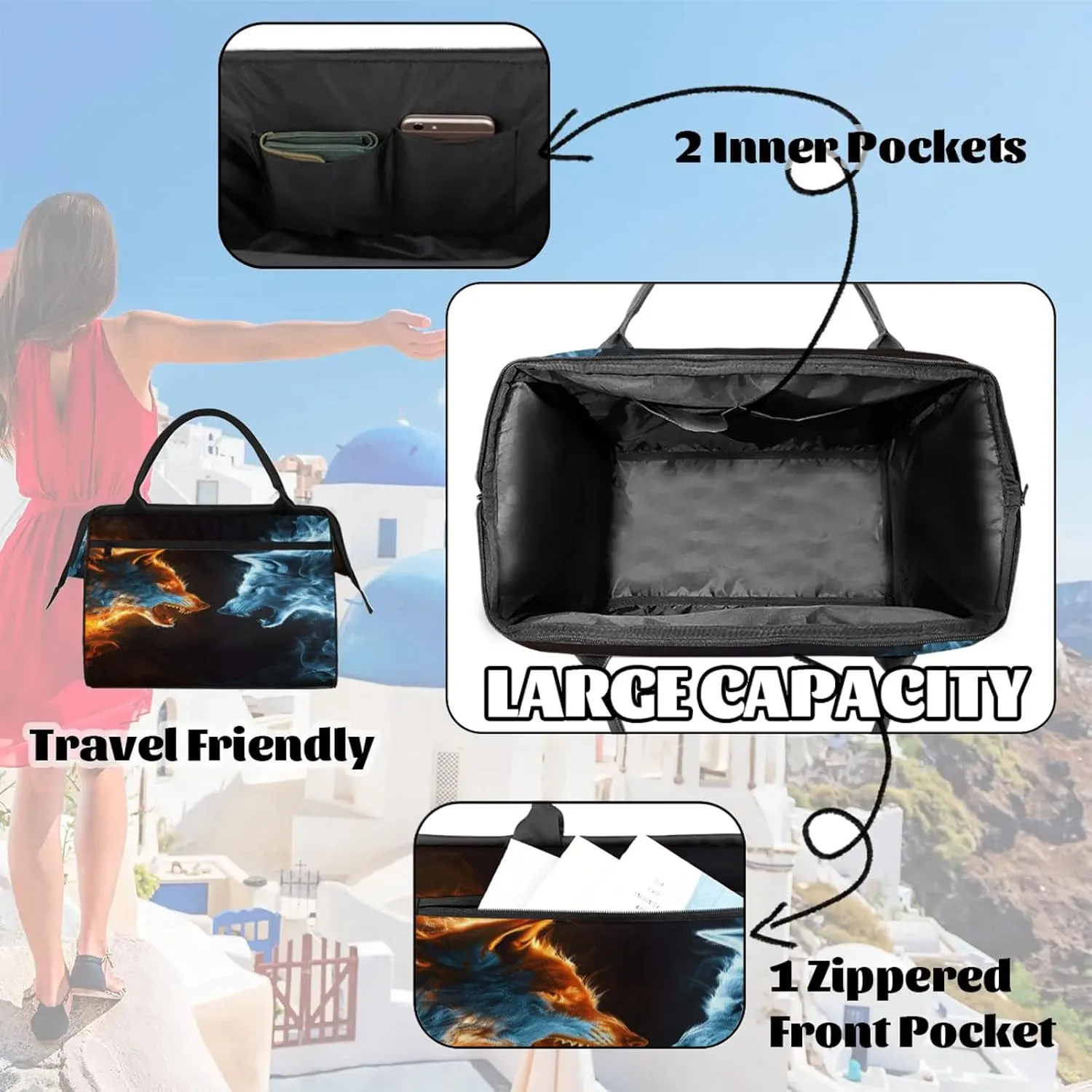 Fire Wolf Animal Travel Duffel Bag Gym Tote Bag for Women Men Waterproof Weekend Overnight Bag Carry On Tote Luggage with Pocket Personal Item Bags Sports Bag fit Travel Sports Gym Yoga