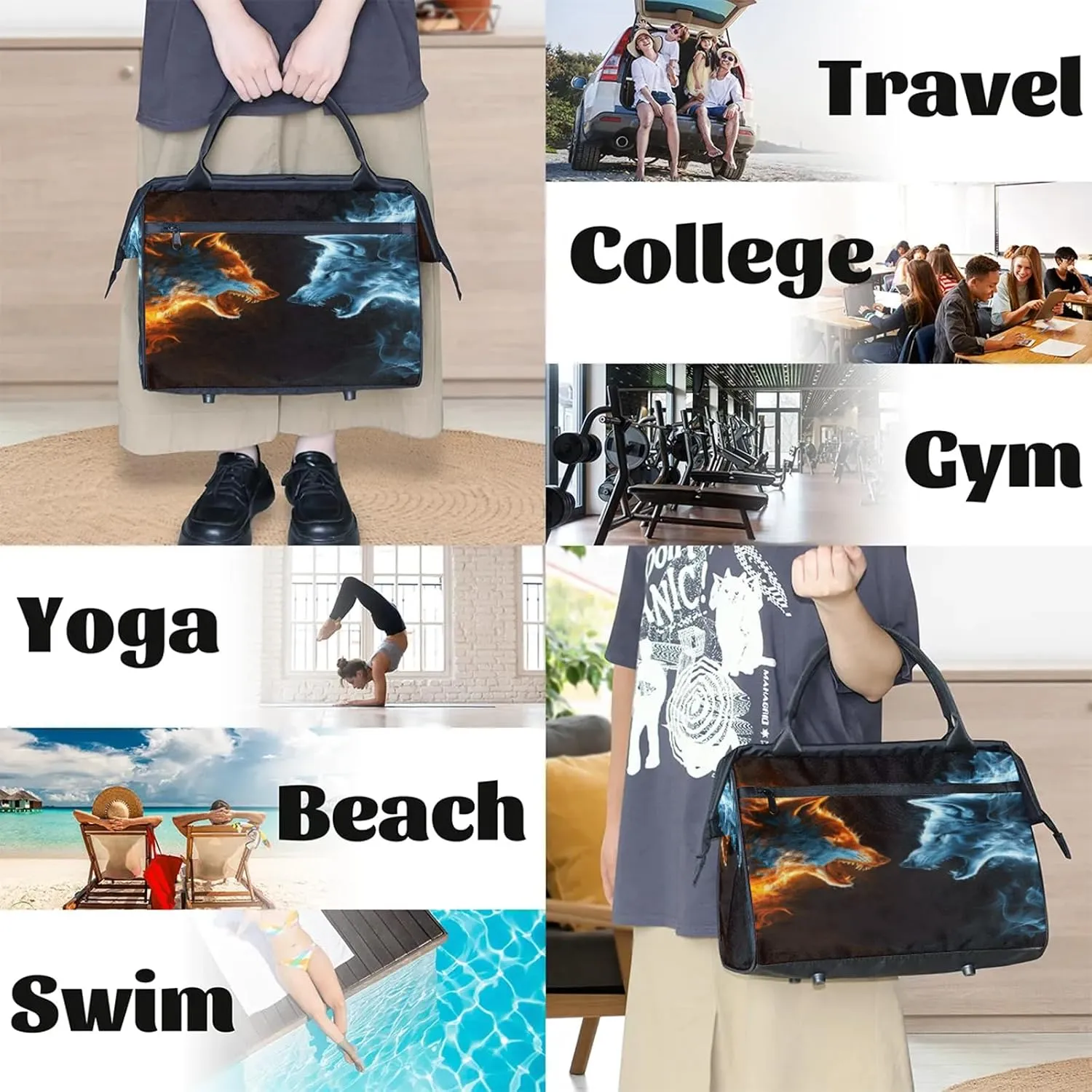 Fire Wolf Animal Travel Duffel Bag Gym Tote Bag for Women Men Waterproof Weekend Overnight Bag Carry On Tote Luggage with Pocket Personal Item Bags Sports Bag fit Travel Sports Gym Yoga
