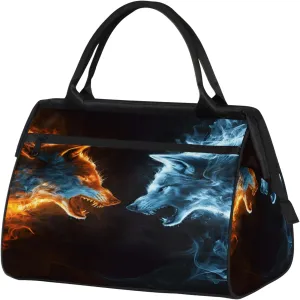 Fire Wolf Animal Travel Duffel Bag Gym Tote Bag for Women Men Waterproof Weekend Overnight Bag Carry On Tote Luggage with Pocket Personal Item Bags Sports Bag fit Travel Sports Gym Yoga