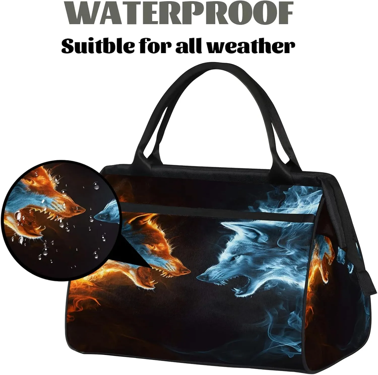 Fire Wolf Animal Travel Duffel Bag Gym Tote Bag for Women Men Waterproof Weekend Overnight Bag Carry On Tote Luggage with Pocket Personal Item Bags Sports Bag fit Travel Sports Gym Yoga
