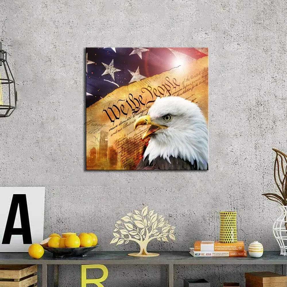 Flag Wall Decor, Eagle Canvas Wall Art, Patriotic Wall Art, Americana Canvas Print Decals, Framed Pictures for Living Room Bedroom Office, Country Gifts, Bald Eagle Poster, Americana Home Decor
