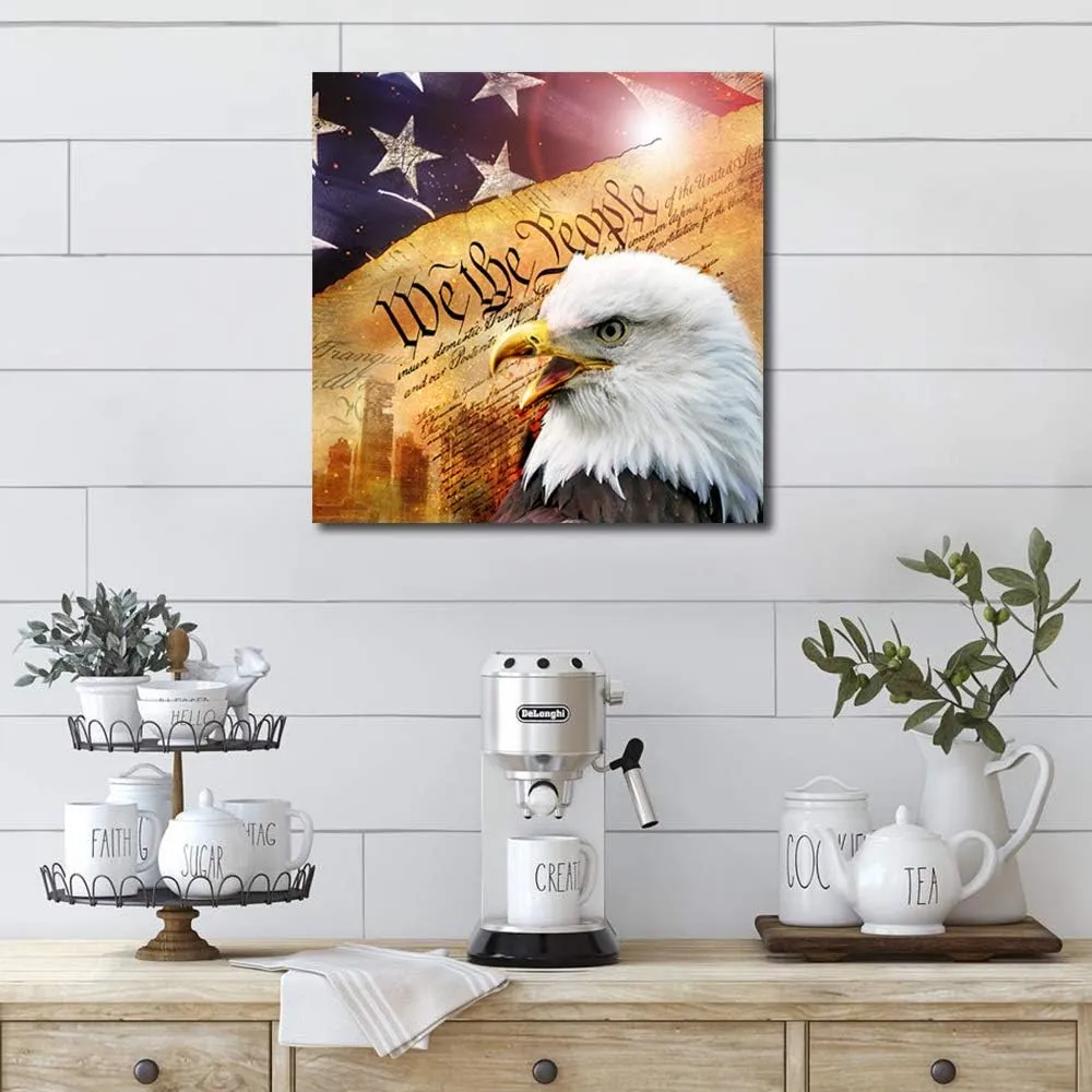 Flag Wall Decor, Eagle Canvas Wall Art, Patriotic Wall Art, Americana Canvas Print Decals, Framed Pictures for Living Room Bedroom Office, Country Gifts, Bald Eagle Poster, Americana Home Decor