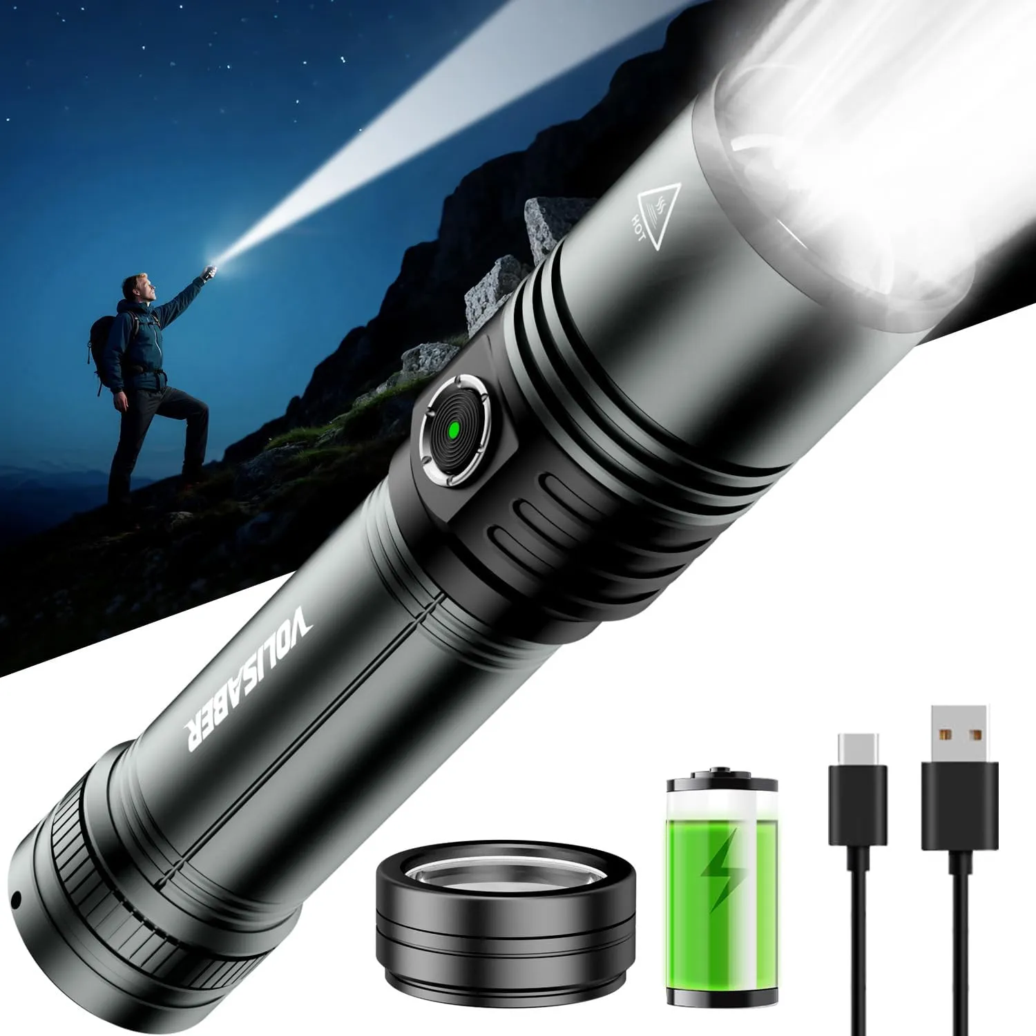 Flashlight Rechargeable 1500 High Lumens with Ignition Lens, LED Super Bright Zoomable Flash Light, 5 Modes Waterproof Handheld Powerful Tactical Flashlights for Emergency Camping Hiking