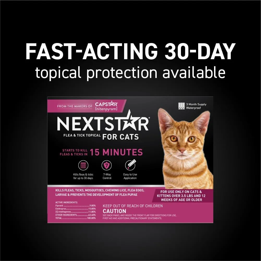 Flea and Tick Prevention for Cats, Repellent, and Control, Fast Acting Waterproof Topical Drops for Cats Over 3.5 lbs, 3 Month Dose
