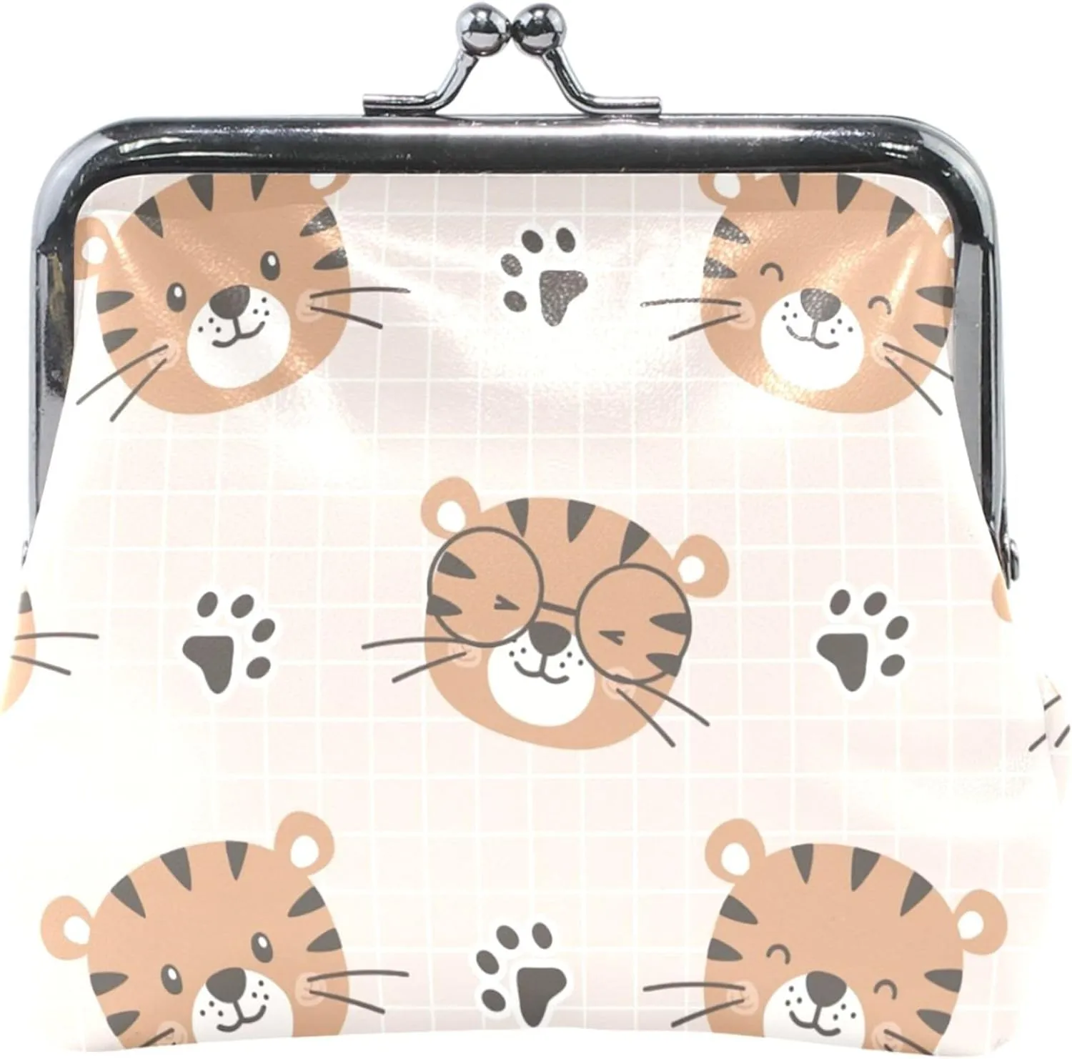 Floral Coin Purse Holder Women Leather Kiss Lock Trendy Tigers Beige Small Change Purse