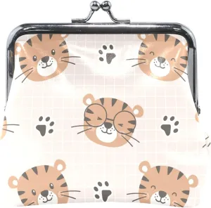 Floral Coin Purse Holder Women Leather Kiss Lock Trendy Tigers Beige Small Change Purse