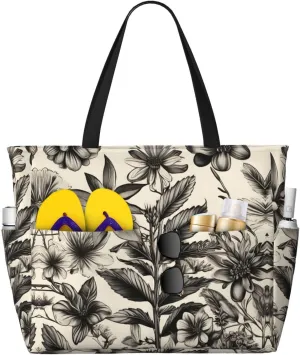 Floral Herbs Botanical Pattern Print Beach Travel Bag Waterproof Versatile Zipper Bag With Pockets Gym Travel Vacation