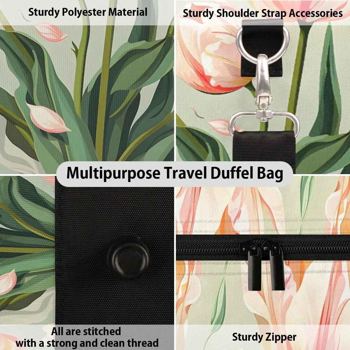 Floral Tulip Travel Duffel Bag for Women Men Waterproof Foldable Overnight Weekender Bag Large Capacity Sports Gym Bag
