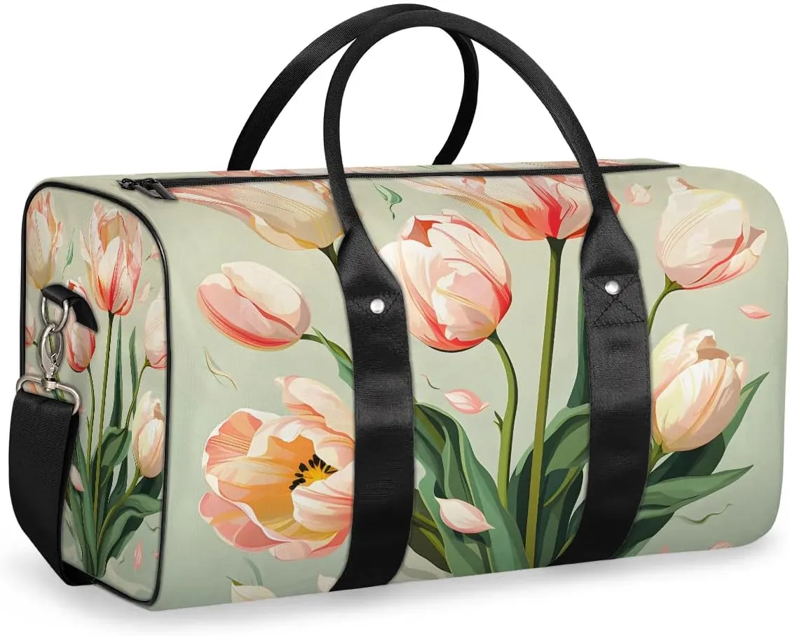 Floral Tulip Travel Duffel Bag for Women Men Waterproof Foldable Overnight Weekender Bag Large Capacity Sports Gym Bag