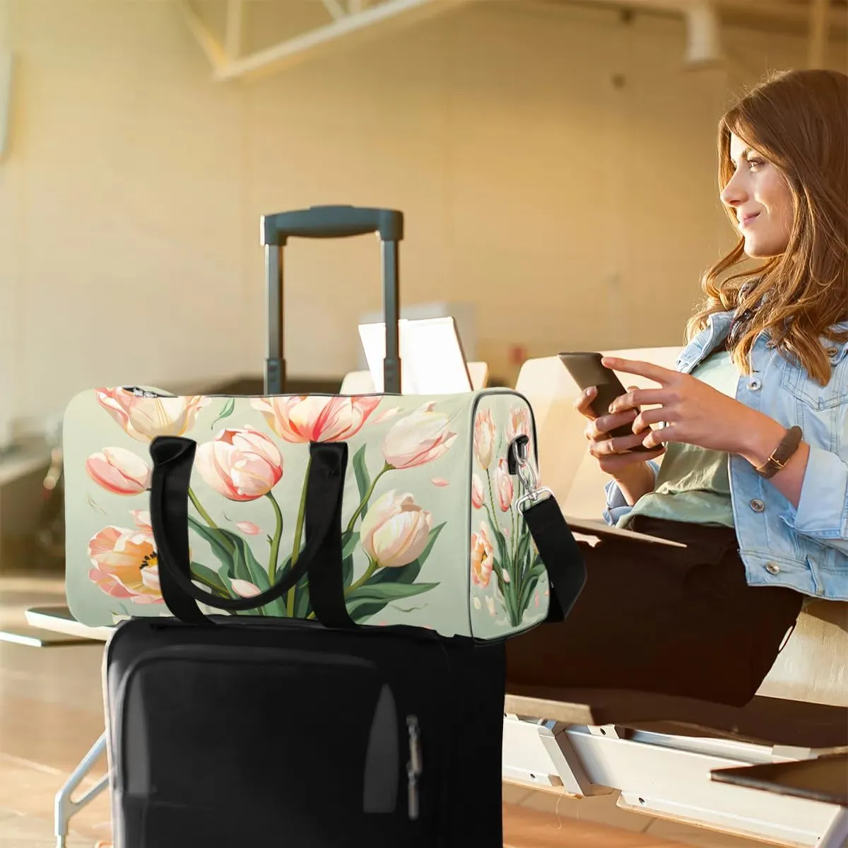 Floral Tulip Travel Duffel Bag for Women Men Waterproof Foldable Overnight Weekender Bag Large Capacity Sports Gym Bag