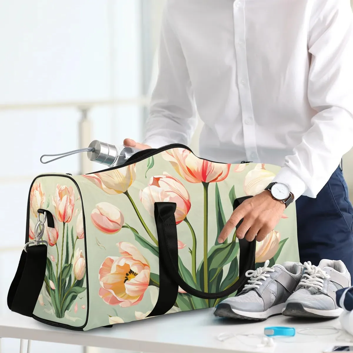 Floral Tulip Travel Duffel Bag for Women Men Waterproof Foldable Overnight Weekender Bag Large Capacity Sports Gym Bag