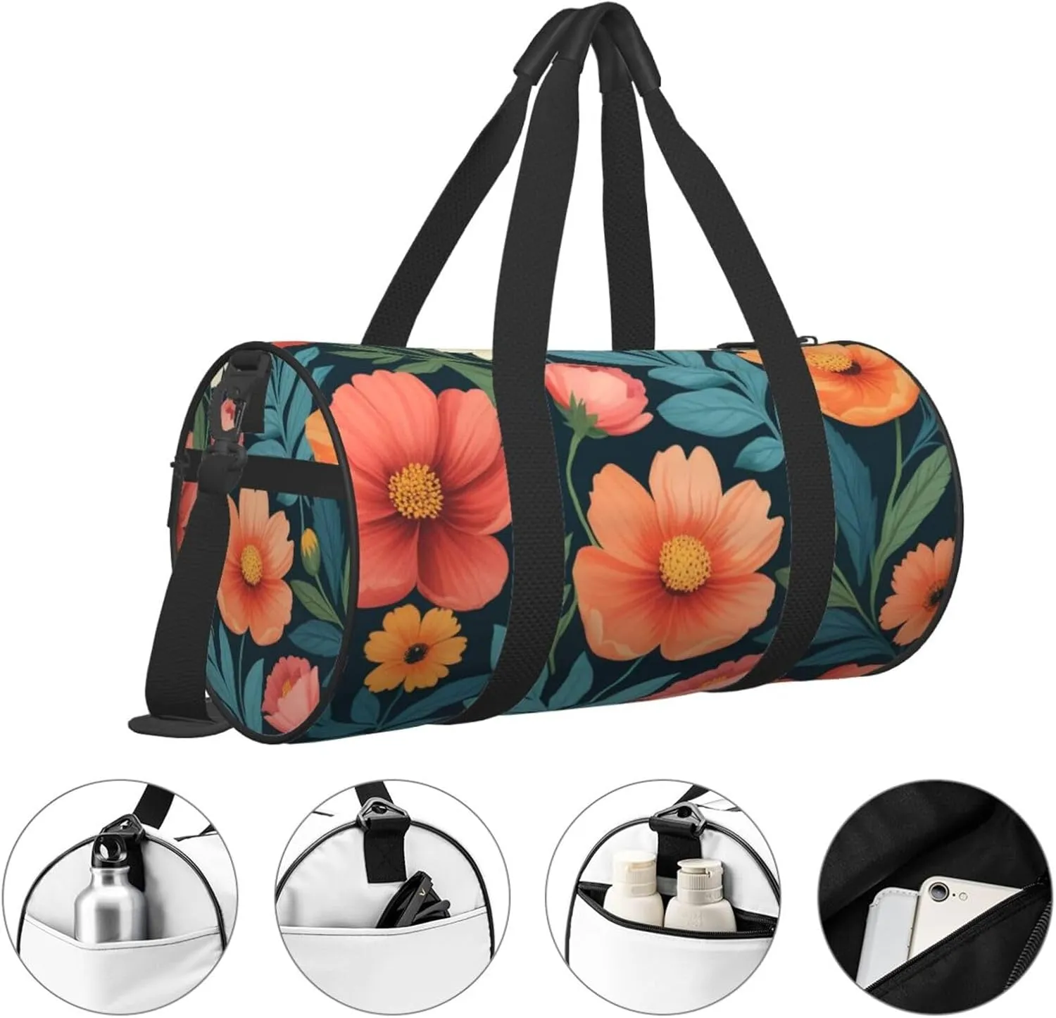 flower pattern Printed Travel Bag,Round Personal Item Storage bag,Foldie Duffel Bag for Traveling Vacation,Fitness,Sports