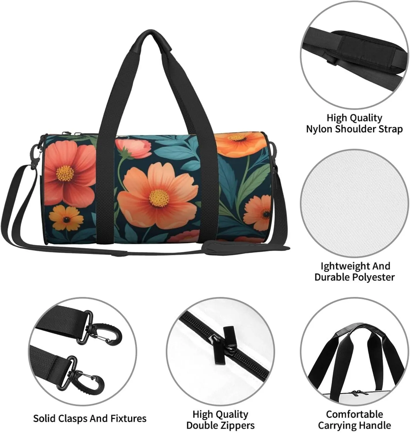 flower pattern Printed Travel Bag,Round Personal Item Storage bag,Foldie Duffel Bag for Traveling Vacation,Fitness,Sports