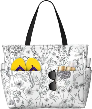 Flowering Herbs And Herbaceous Plants Print Beach Travel Bag Waterproof Versatile Zipper Bag With Pockets Gym Travel Vacation