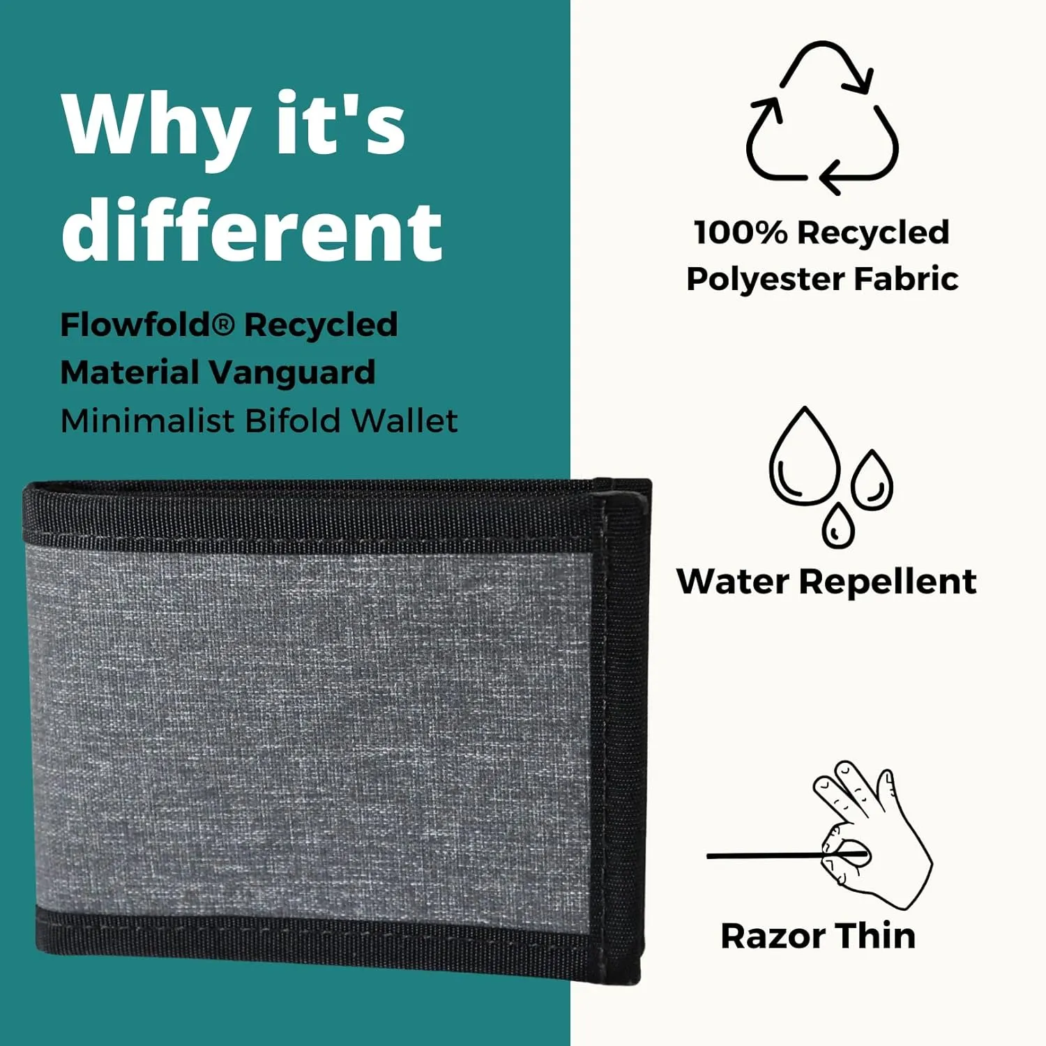 Flowfold Recycled Wallets - Recycled Material Vanguard Bifold Wallet, Front Pocket Wallet, Slim Minimalist Wallets Made in USA (Heather Grey, Recycled Material)