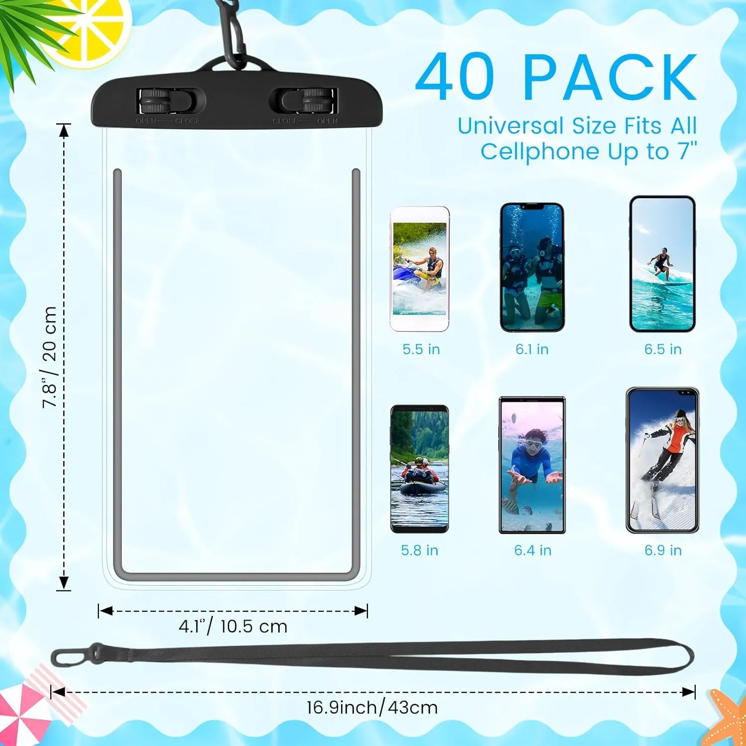 Flutesan 40 Pack Universal Clear Waterproof Phone Pouch Cell Phone Pouch Dry Bag Waterproof Cases Bag with Lanyard for Outdoor Sport Water Games Protect, up to 7 Inches (Black, White, Cyan, Pink)