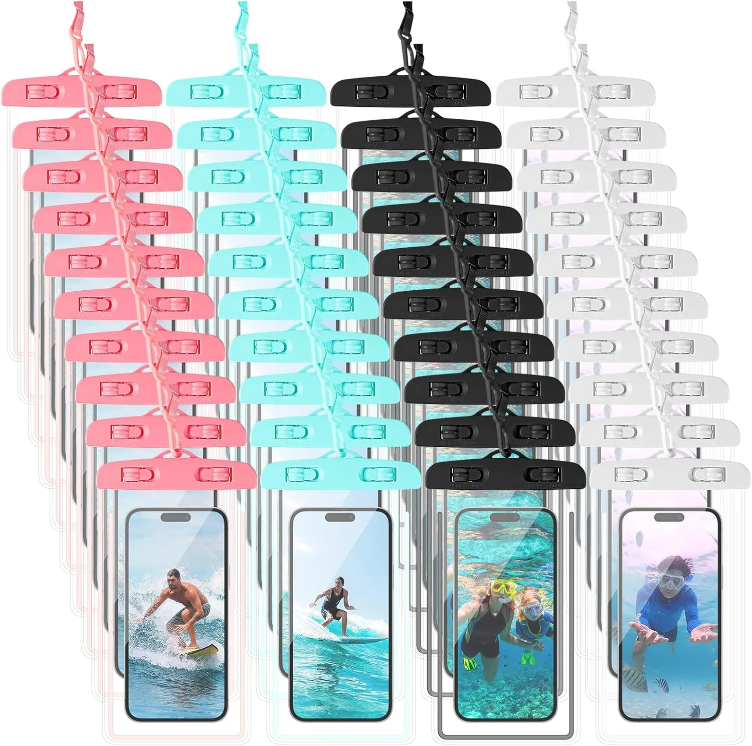 Flutesan 40 Pack Universal Clear Waterproof Phone Pouch Cell Phone Pouch Dry Bag Waterproof Cases Bag with Lanyard for Outdoor Sport Water Games Protect, up to 7 Inches (Black, White, Cyan, Pink)
