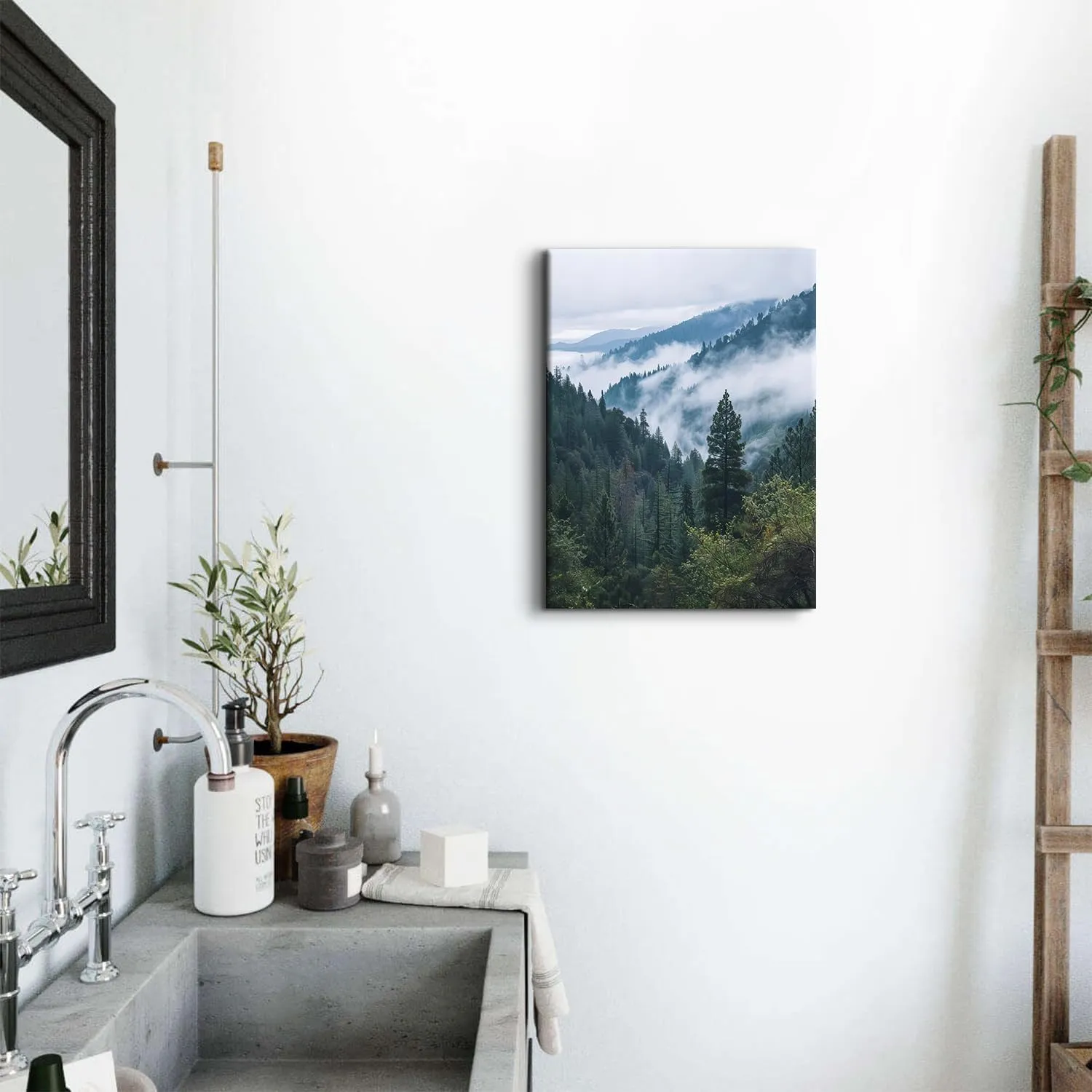 Foggy Forest Wall Art Misty Pine Tree Wall Decor Great Smoky Mountain Landscape Picture Canvas Prints for Living Room Bathroom Nature Green Woodland Poster Painting Artwork Home Decorations 12x16”